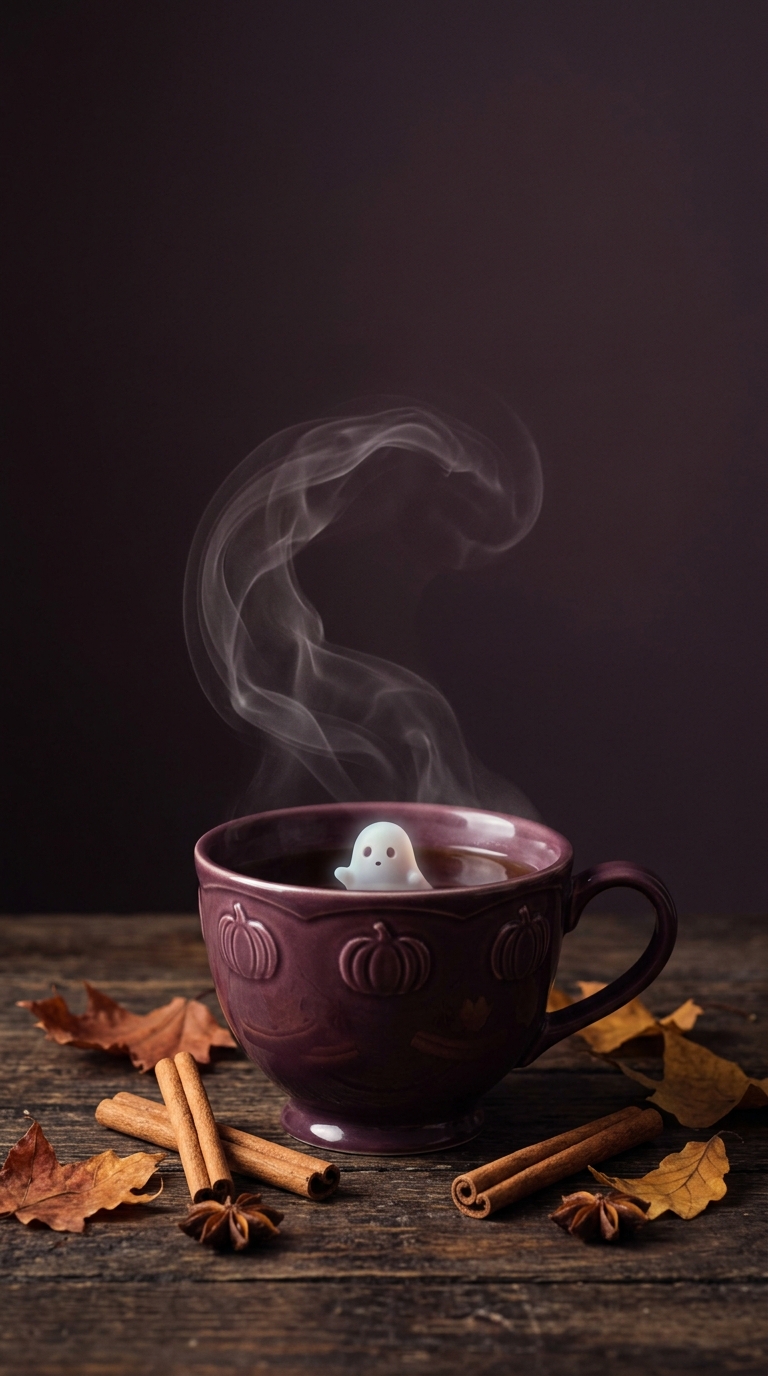 A tiny ghost peeks out of a plum teacup with curling steam, cinnamon and autumn leaves