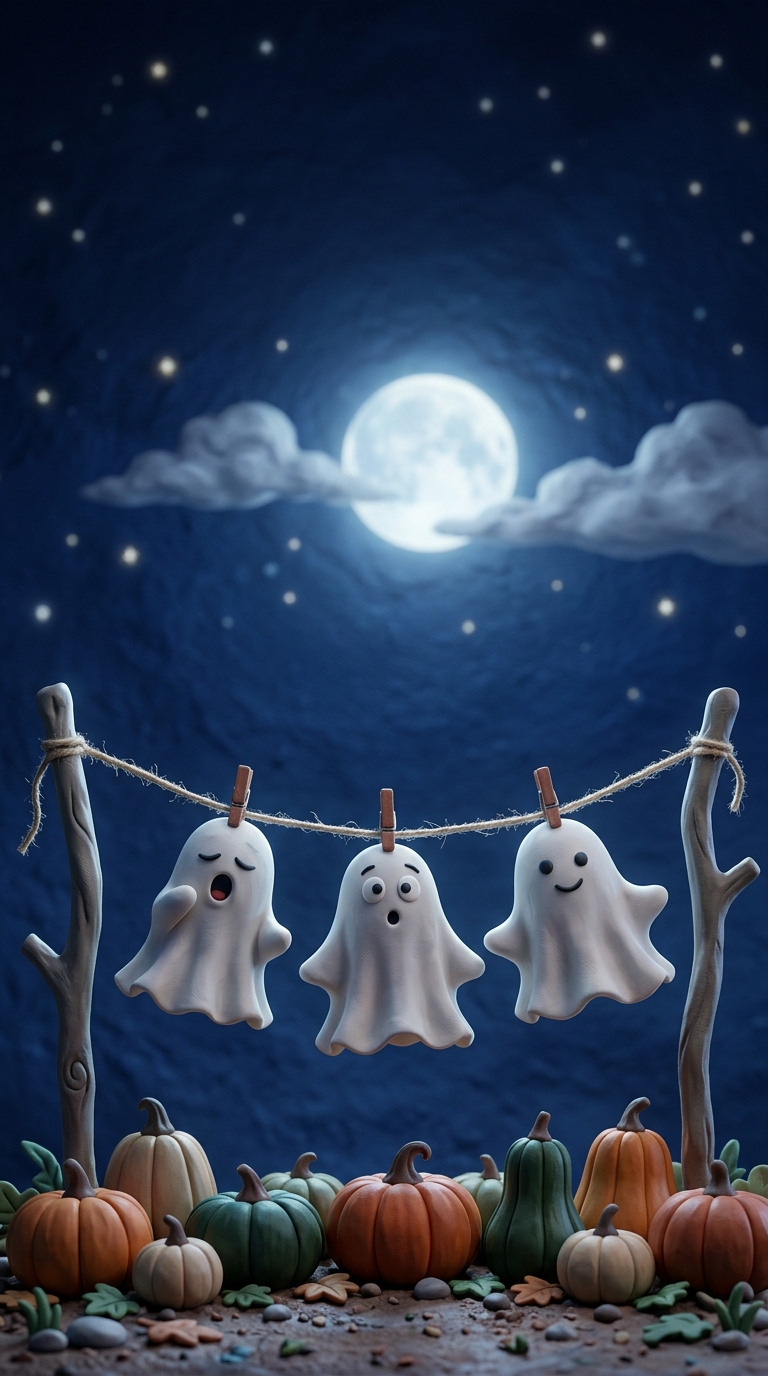 Three small ghosts hang from a garden clothesline above pumpkins beneath a bright moon