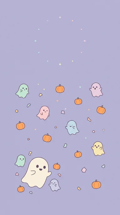 Small pastel ghosts and pumpkin dots are scattered on a lavender background