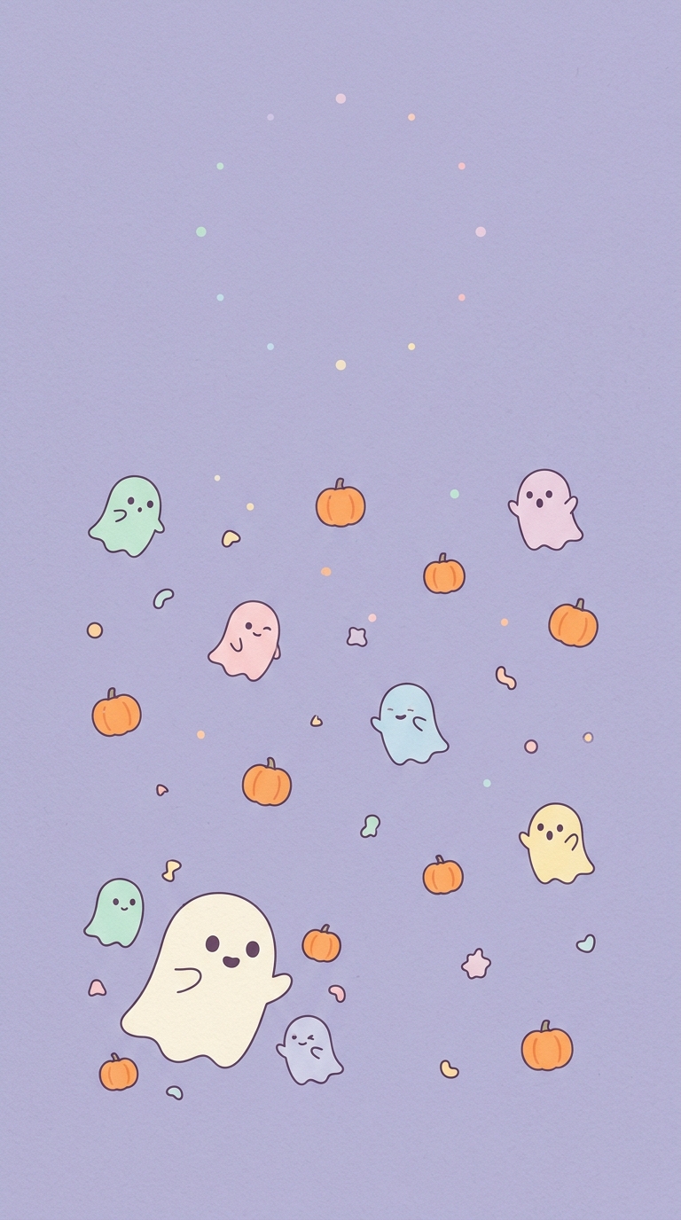 Small pastel ghosts and pumpkin dots are scattered on a lavender background