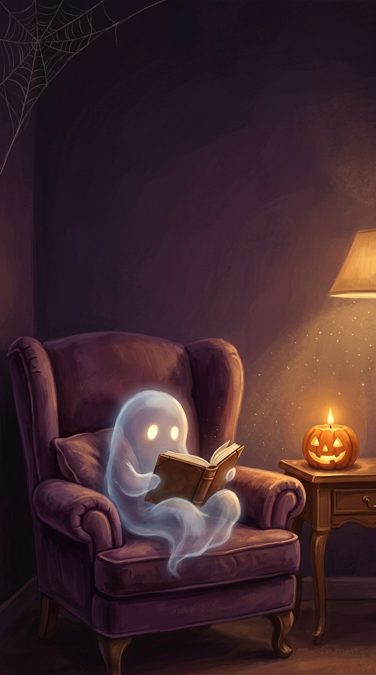 A translucent ghost relaxes in a purple armchair beside an open book and a glowing pumpkin candle