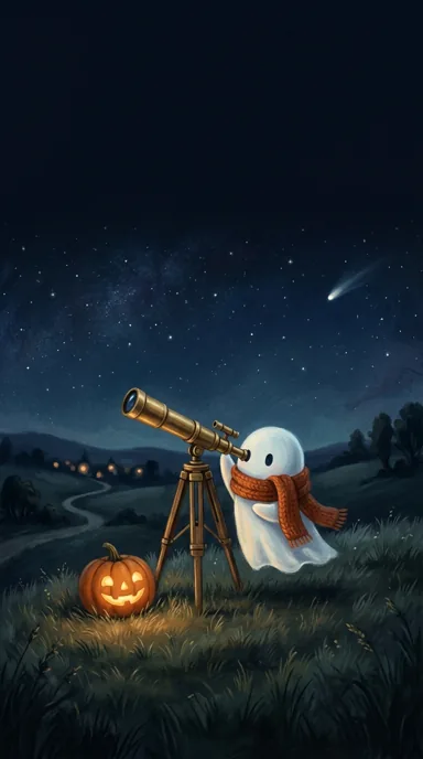 A scarf-wearing ghost looks through a brass telescope beside a pumpkin on a starry hillside