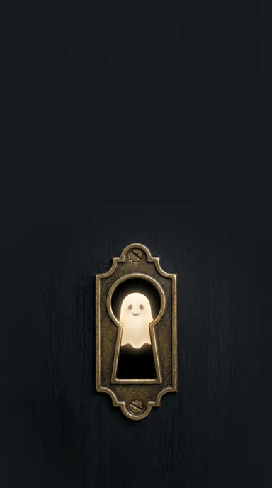 A small illuminated ghost appears through an ornate brass keyhole on dark grey