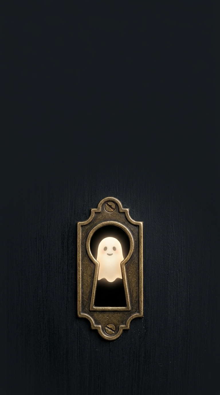 A small illuminated ghost appears through an ornate brass keyhole on dark grey