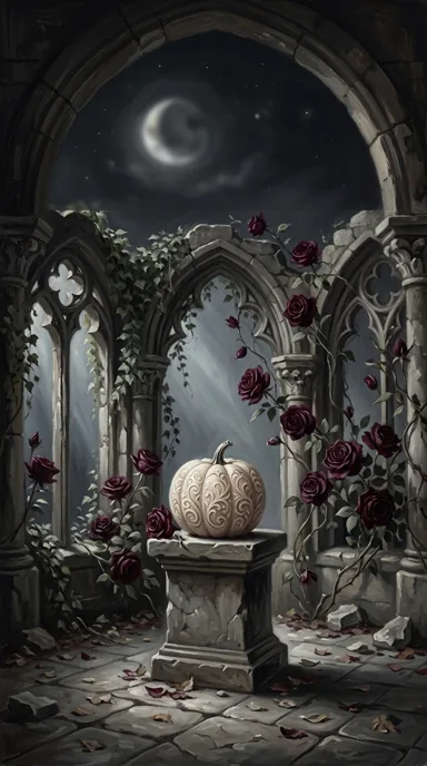 A ruined gothic arch frames a pale pumpkin on a stone pedestal amid dark roses