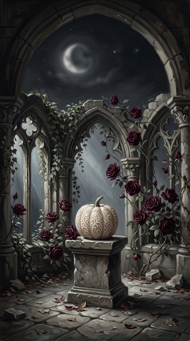 A ruined gothic arch frames a pale pumpkin on a stone pedestal amid dark roses