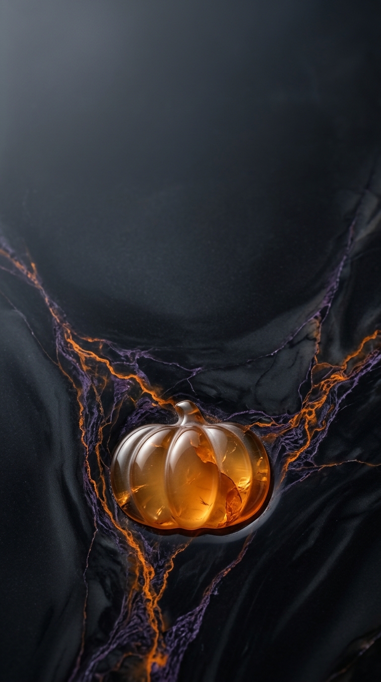 Dark marble folds and copper veins surround a luminous amber pumpkin inclusion
