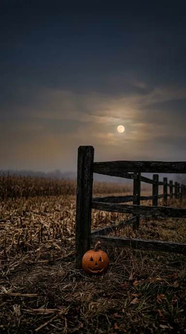 A pumpkin rests by a weathered fence beside a dark harvested field at dusk