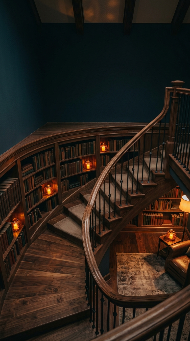 A wooden staircase curves through a dark library illuminated by orange lantern light