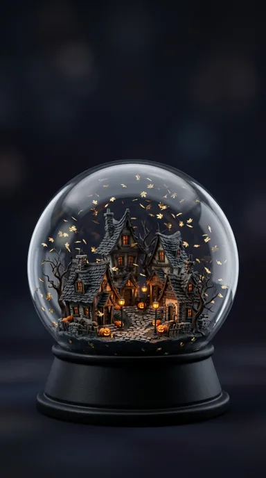 A glass globe encloses a miniature haunted village with warm lights and drifting leaves