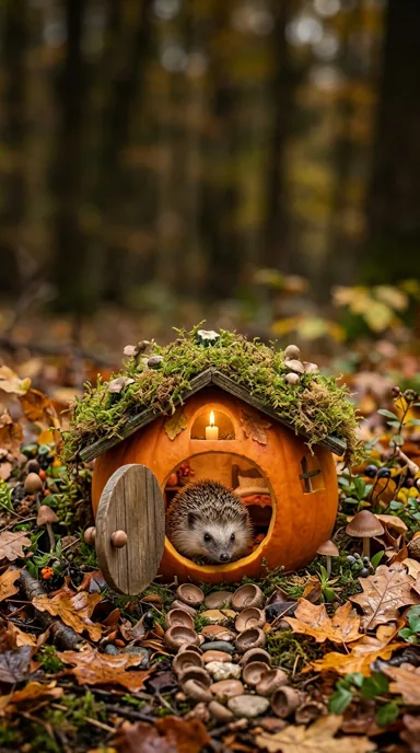 A hedgehog peeks from a round pumpkin cottage among moss, acorns and leaves