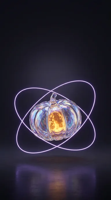 A translucent pumpkin with a warm core floats inside thin violet orbital rings