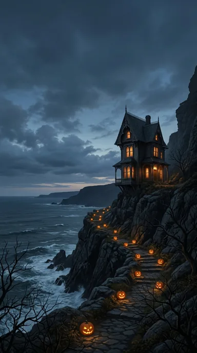 A narrow haunted house overlooks a dark coastal cliff with a pumpkin-lit path