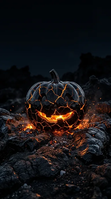 A black pumpkin with molten orange cracks rests on volcanic stone under a dark sky