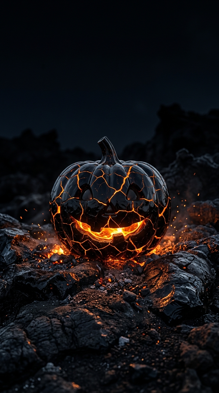 A black pumpkin with molten orange cracks rests on volcanic stone under a dark sky