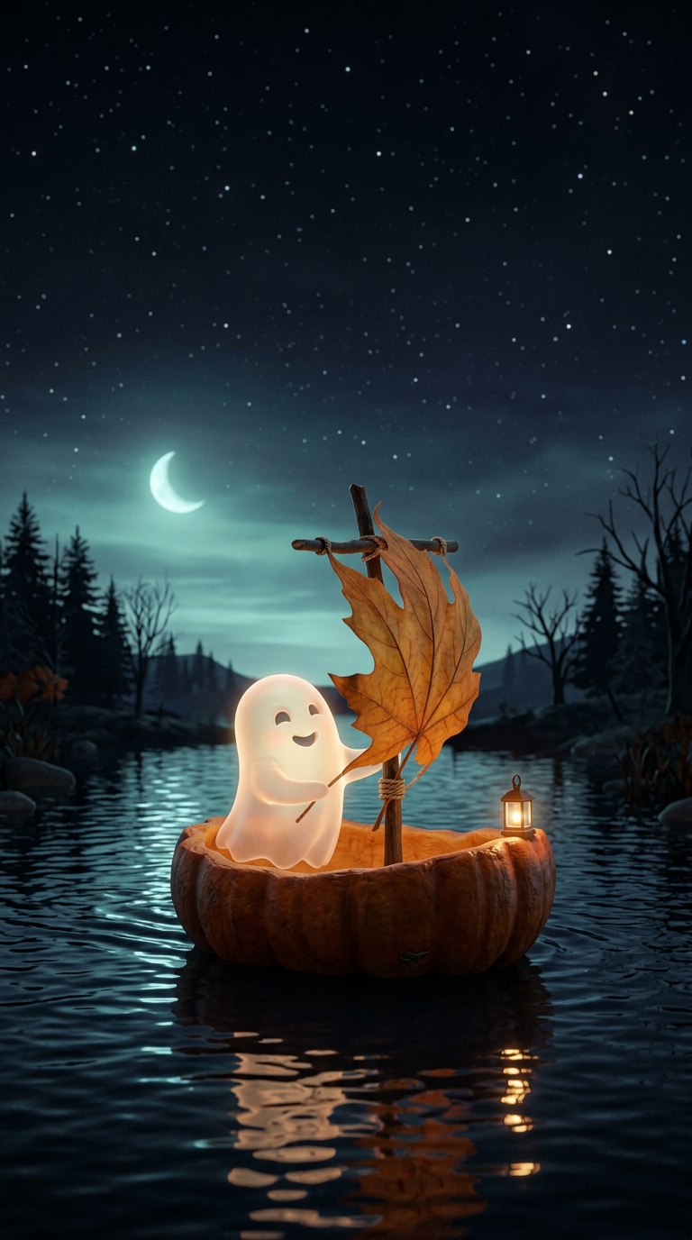 A white ghost rides a pumpkin boat with an orange leaf sail across a moonlit forest lake