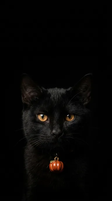 A black cat with amber eyes wears a tiny pumpkin bell against deep shadows