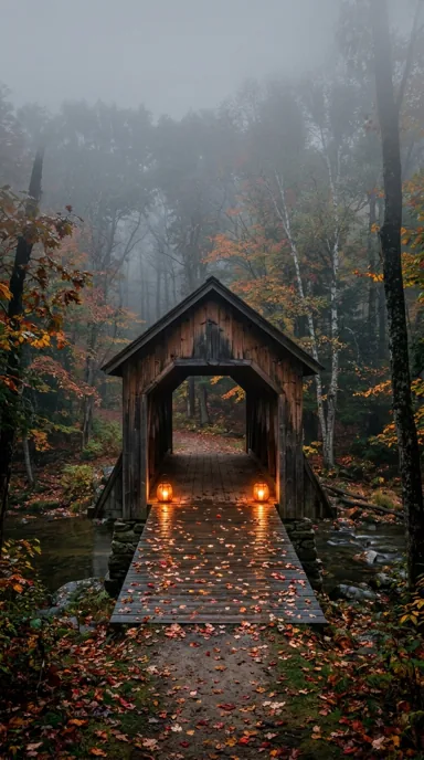 A rustic covered bridge crosses a forest creek with pumpkin lanterns at the entrance