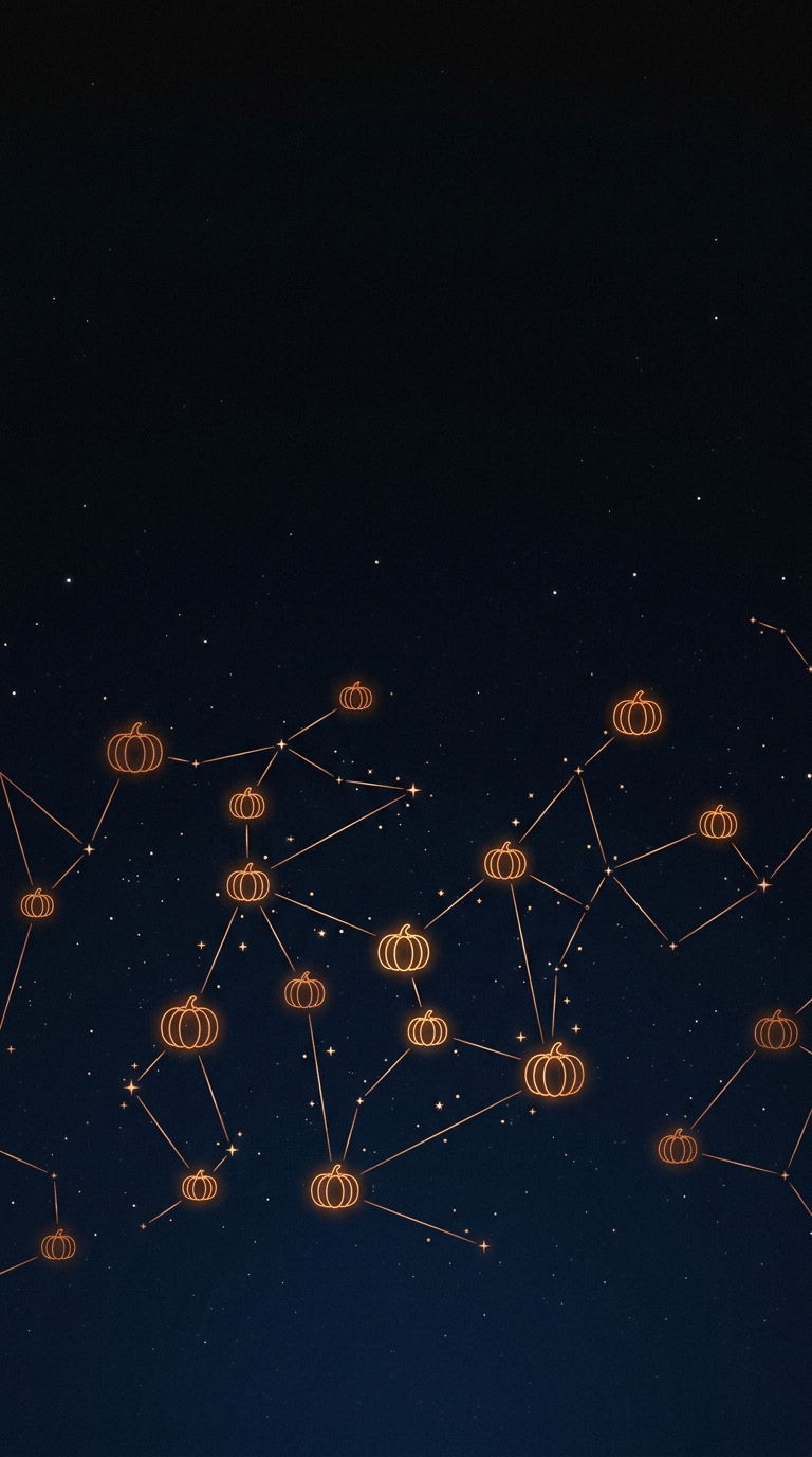 Amber pumpkin shapes connect with fine constellation lines against a dark background