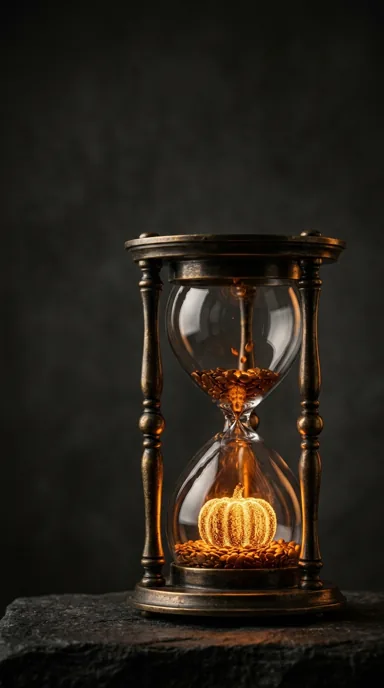A brass hourglass contains warm falling seeds and a small glowing pumpkin form