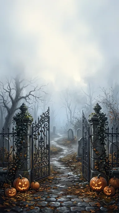 An ornate cemetery gate opens onto a misty path bordered by pumpkins and bare trees