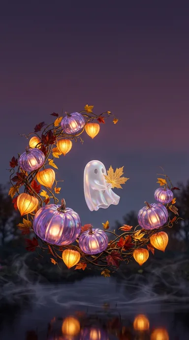A pearl-white ghost floats inside a crescent of purple pumpkins and golden leaves above reflective dark water