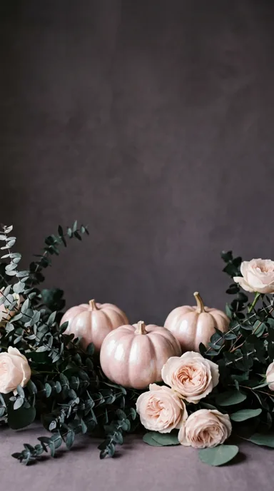 Pale pink pumpkins and roses form a low floral arrangement on textured dark grey