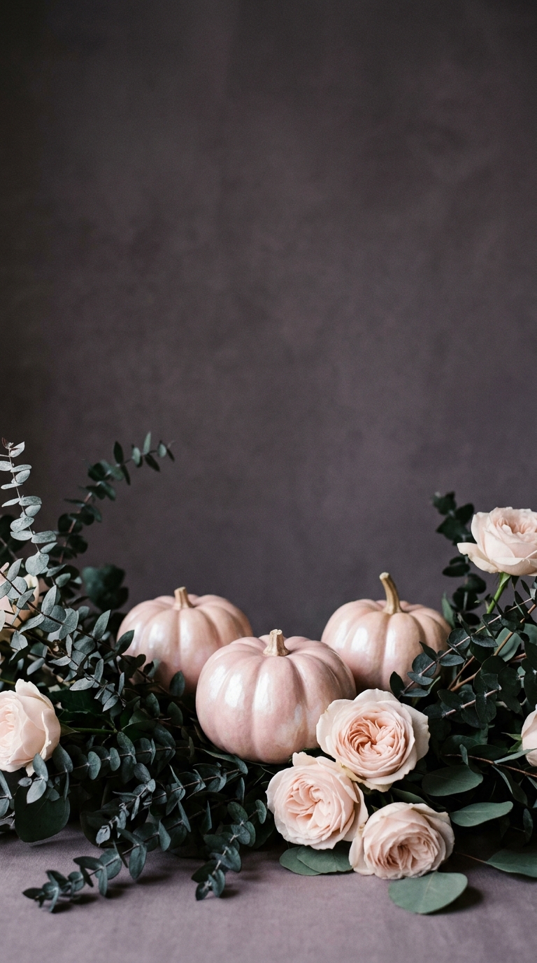 Pale pink pumpkins and roses form a low floral arrangement on textured dark grey