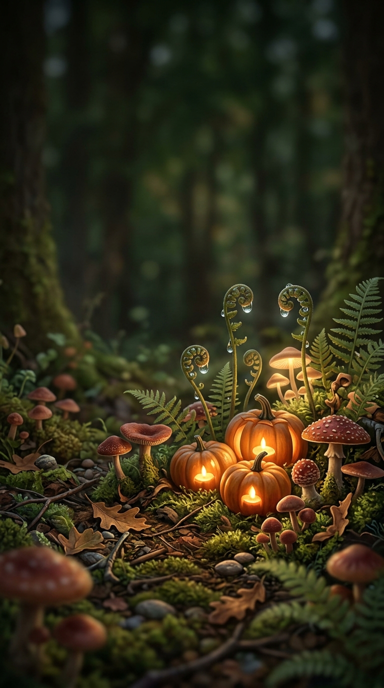 Small glowing pumpkins sit among mushrooms, ferns and moss in a forest hollow