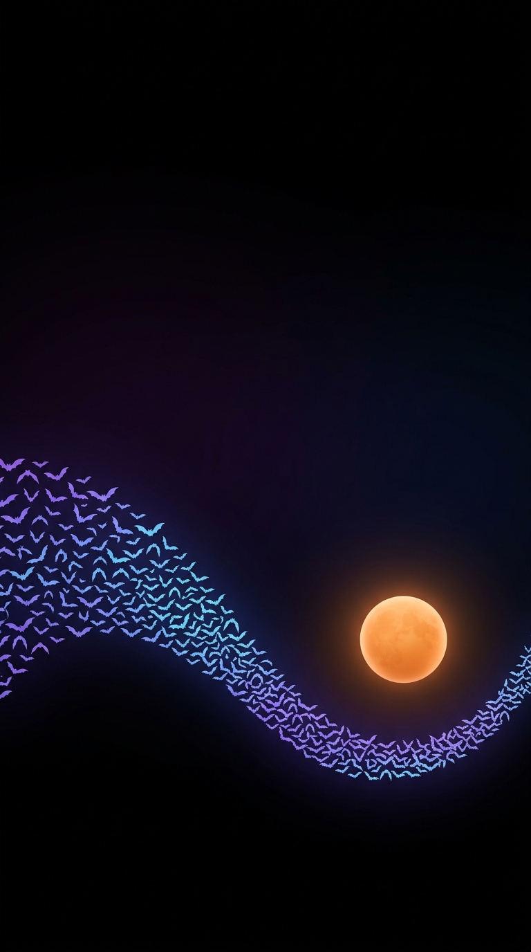 A wave of tiny violet and cyan bats curves beneath a warm orange moon