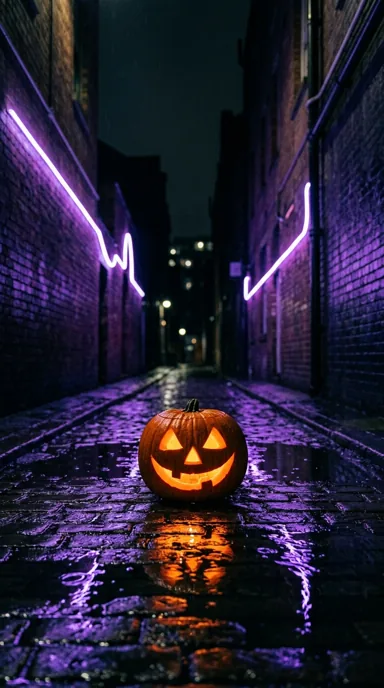 An orange jack-o-lantern lights wet paving in a narrow alley traced with purple neon