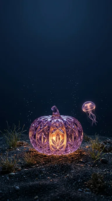 A purple crystal pumpkin glows on a seabed beside sea grass and a small jellyfish