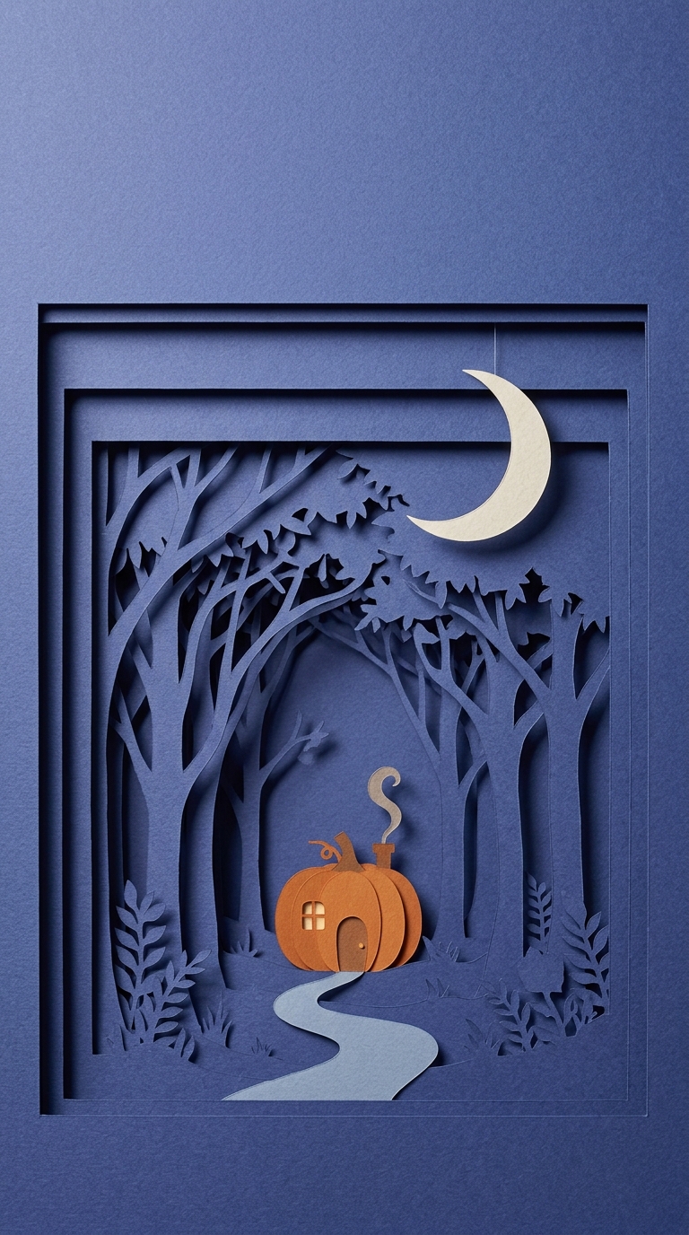 Layered purple paper trees frame a tiny pumpkin house and crescent moon