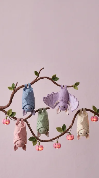 Pastel bats hang from a curved branch decorated with small pink pumpkin lanterns
