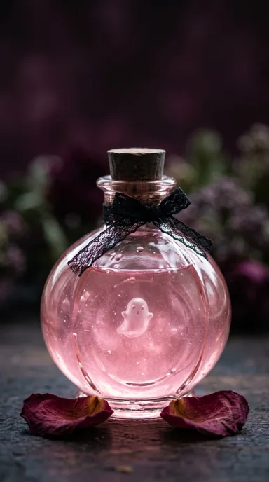 A round rose-glass bottle holds pink liquid and a ghost-like shape beside dark flowers