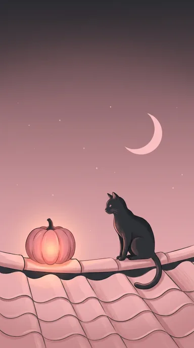 A black cat sits on a pink tiled roof beside a glowing pumpkin under a crescent moon