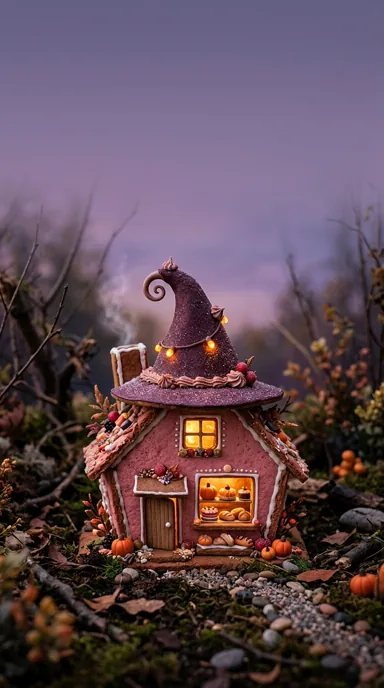 A crooked pink cottage with a witch-hat roof glows warmly among autumn plants