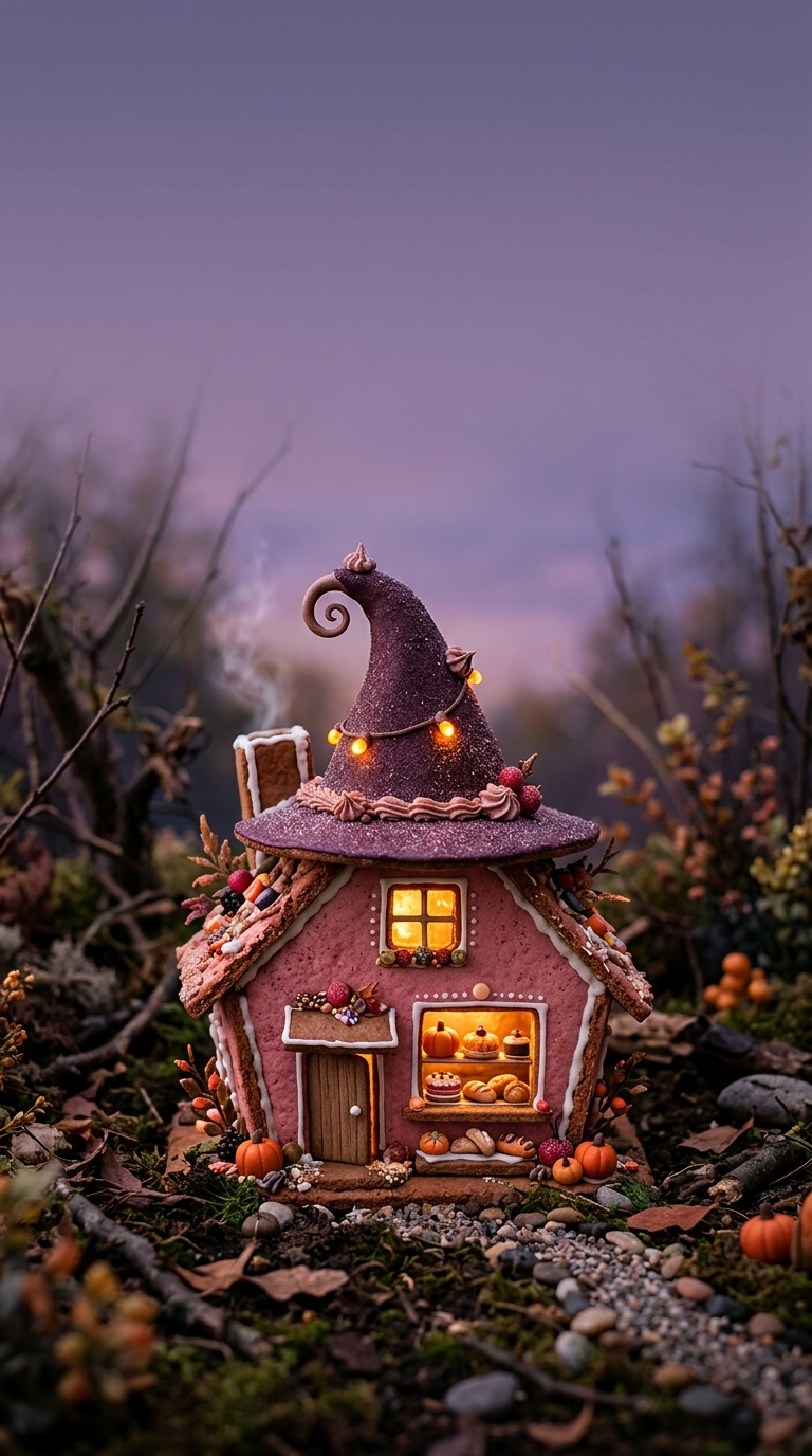 A crooked pink cottage with a witch-hat roof glows warmly among autumn plants