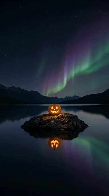 A tiny pumpkin lights a rocky island beneath an aurora reflected in a mountain lake