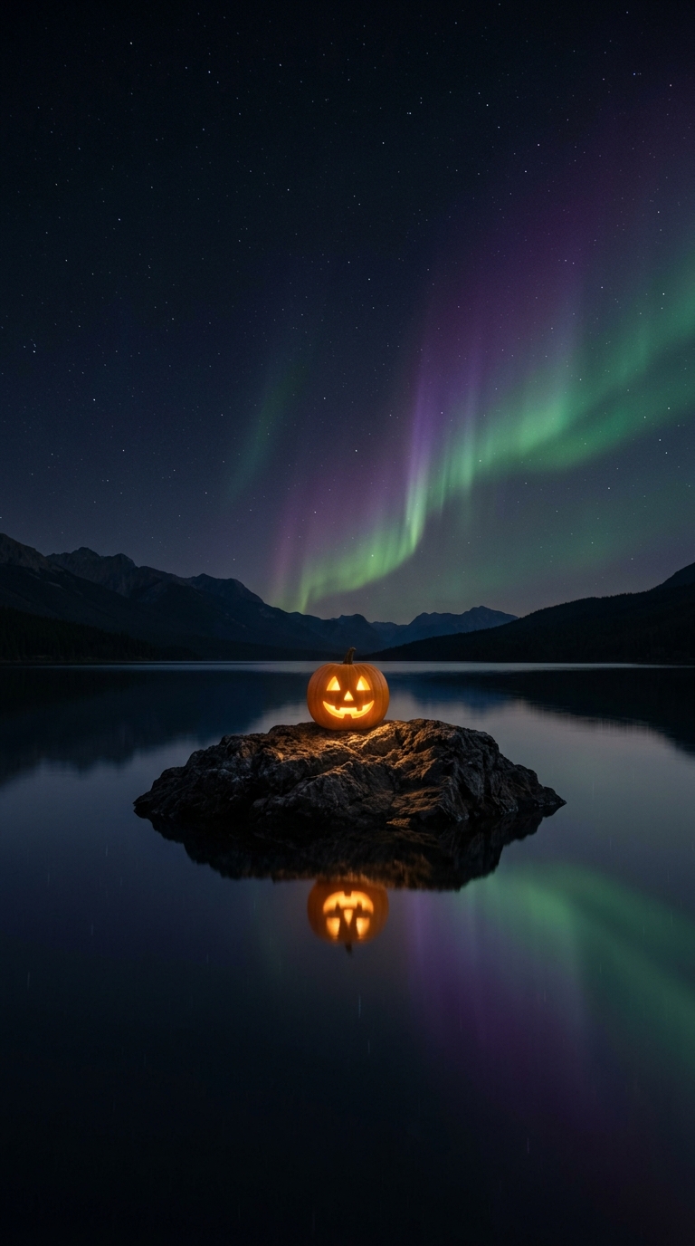 A tiny pumpkin lights a rocky island beneath an aurora reflected in a mountain lake