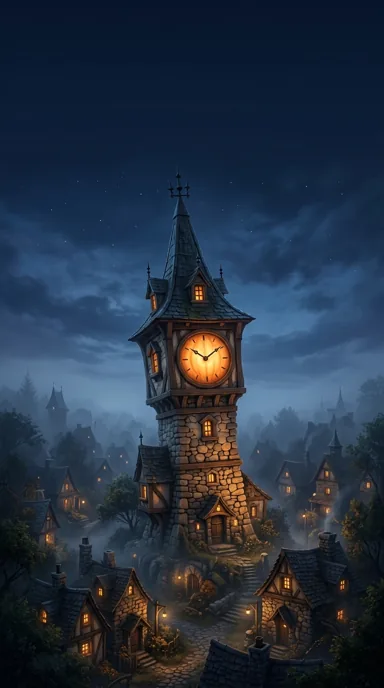 A crooked village clock tower has a warm pumpkin-like face above a misty street