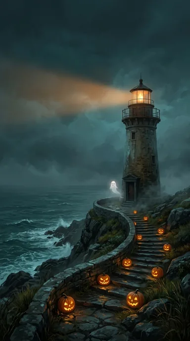 A coastal lighthouse overlooks dark waves and a winding pumpkin-lit stairway