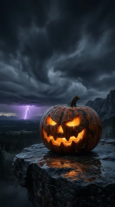 A bright jack-o-lantern rests on wet rocks beneath storm clouds and distant violet lightning