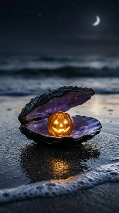 A pumpkin-like amber pearl rests inside a dark iridescent shell on a moonlit shore