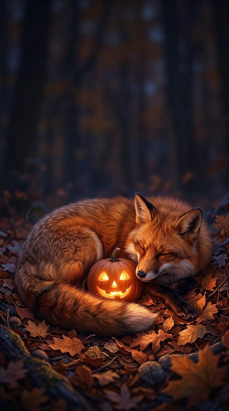 A russet fox curls around a glowing pumpkin on a bed of autumn leaves