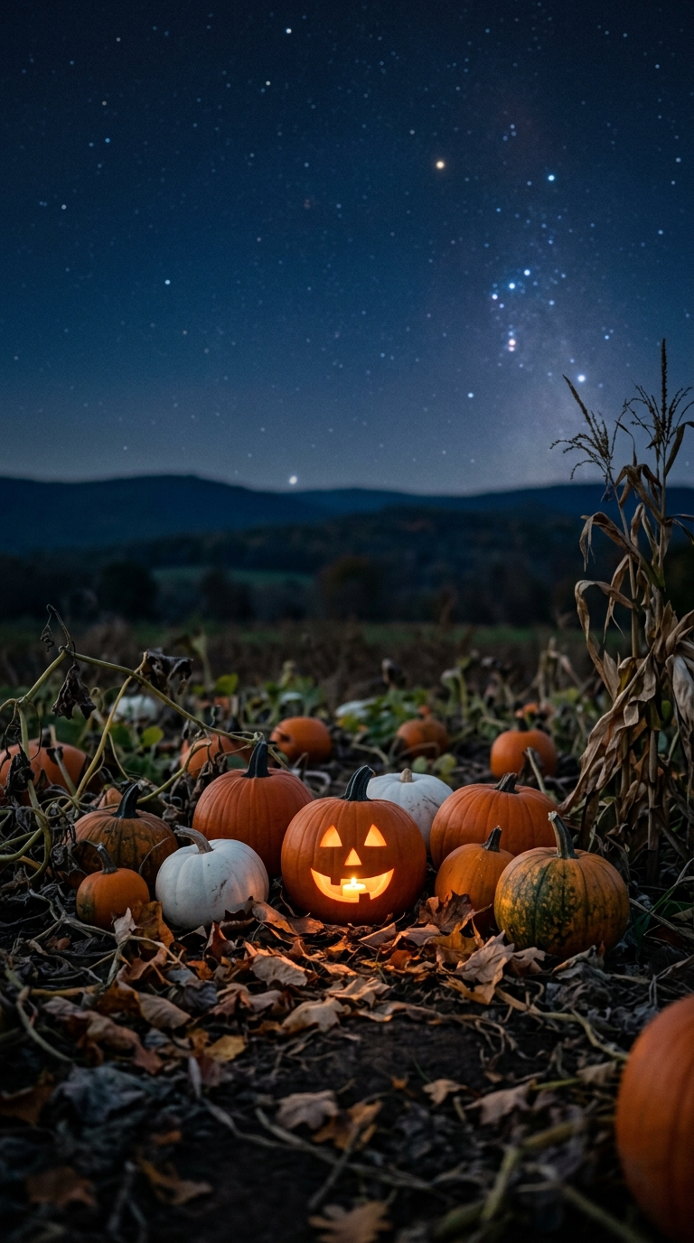 One glowing jack-o-lantern sits in a pumpkin patch below a starry mountain sky