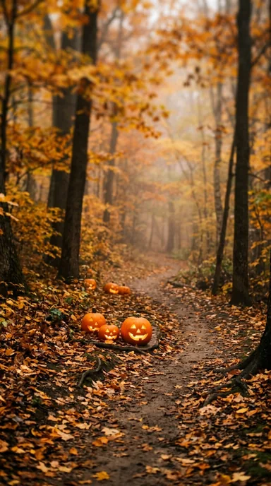 Glowing pumpkins mark a winding path through golden autumn woodland
