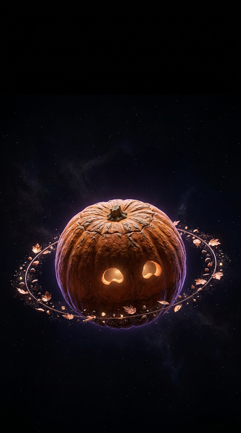A glowing pumpkin planet floats in space within a ring of small leaves and stones