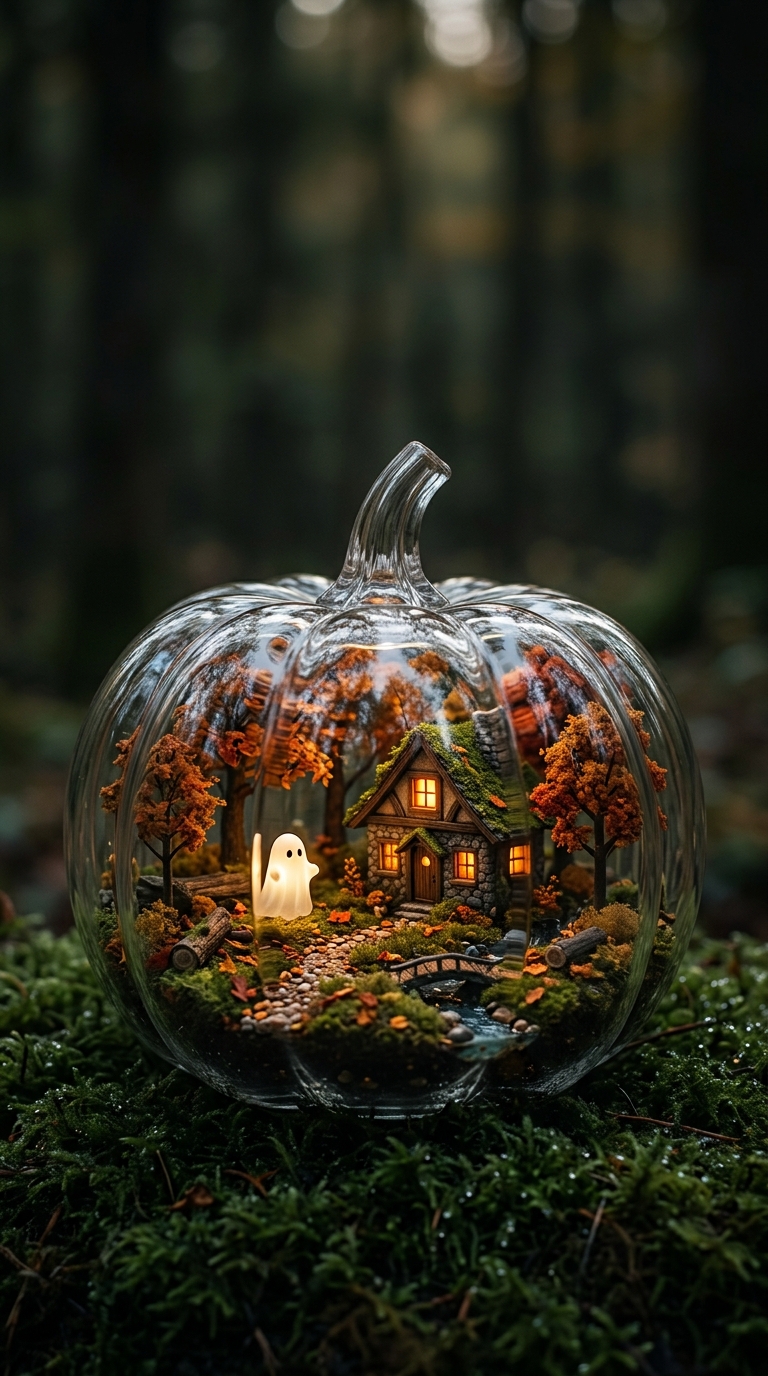 A clear pumpkin terrarium holds a miniature autumn forest and warmly lit cottage