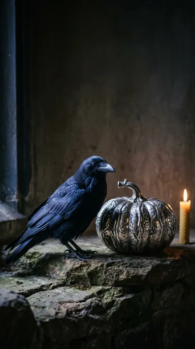 A glossy raven stands beside a ribbed silver pumpkin on a mossy stone ledge